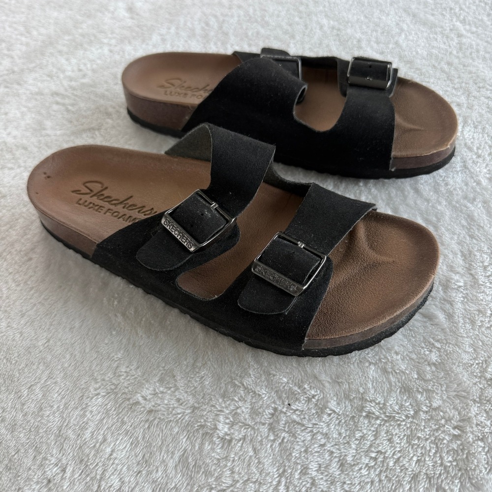 Skechers Luxe Foam Double Strap Slide Sandals Womens Size 6 Black Buckle Casual - Picture 4 of 15